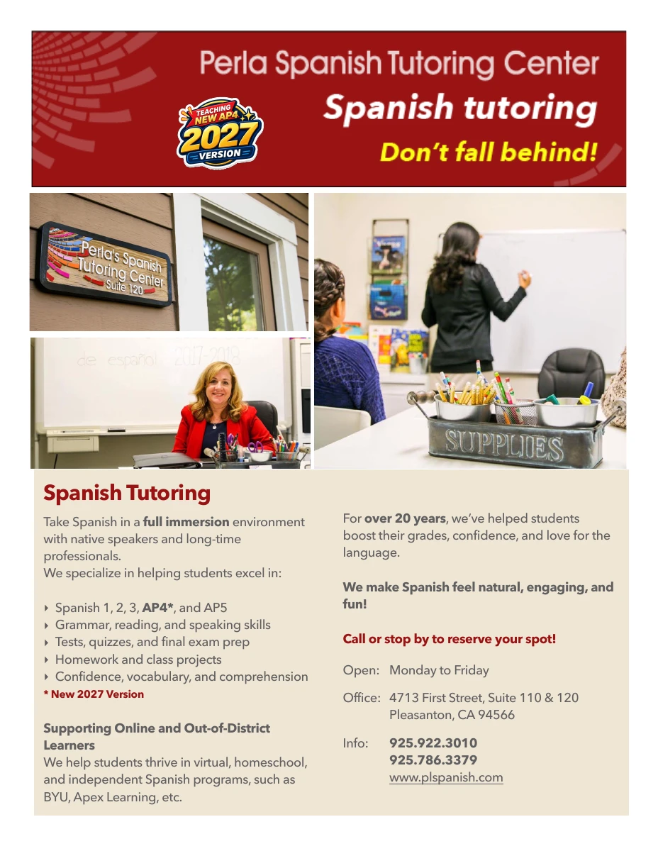 Perla Spanish brochure with tutoring services, center photos, address, and phone numbers